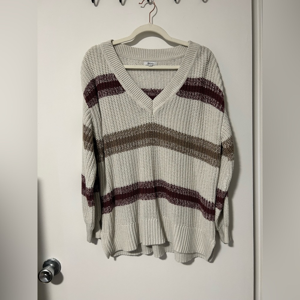 Reitmans Cream V-Neck Sweater with Burgundy & Taupe Stripes